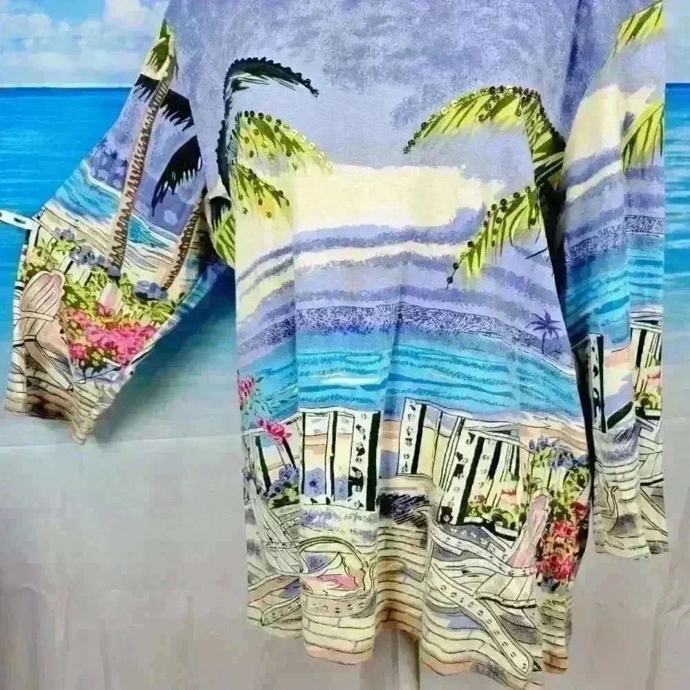 BLAIR Beach PRINT Travel Shirt TUNIC Top 3/4 Sleeve Lightweight STRETCH size XL - Picture 3 of 7